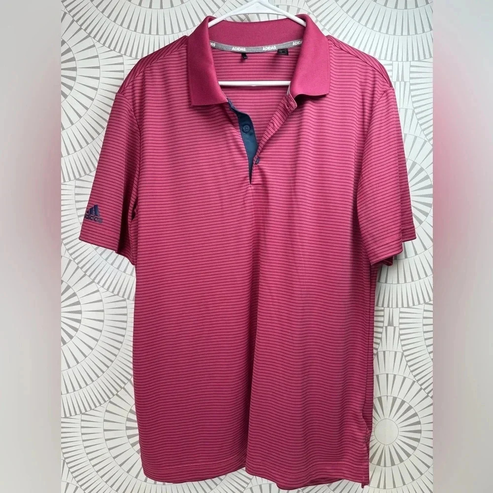 Adidas Men’s Short Sleeve‎ Polo Shirt Size Large Pink stripe